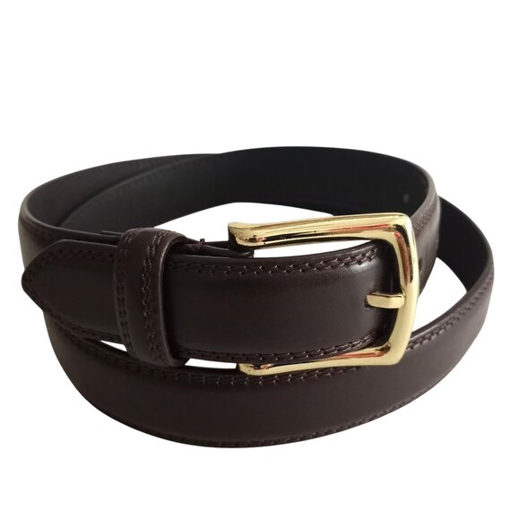 Dark Brown Genuine Leather Mens 38 Dress Belt Gold Tone Buckle - Picture 1 of 3